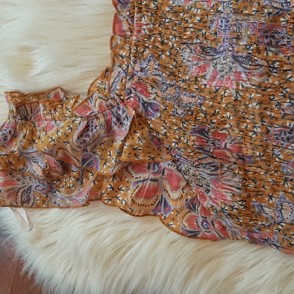Nanette Lepore Burnt Orange Floral Print Ruched Ruffle Bottom Top, Large, NWT - Picture 6 of 12